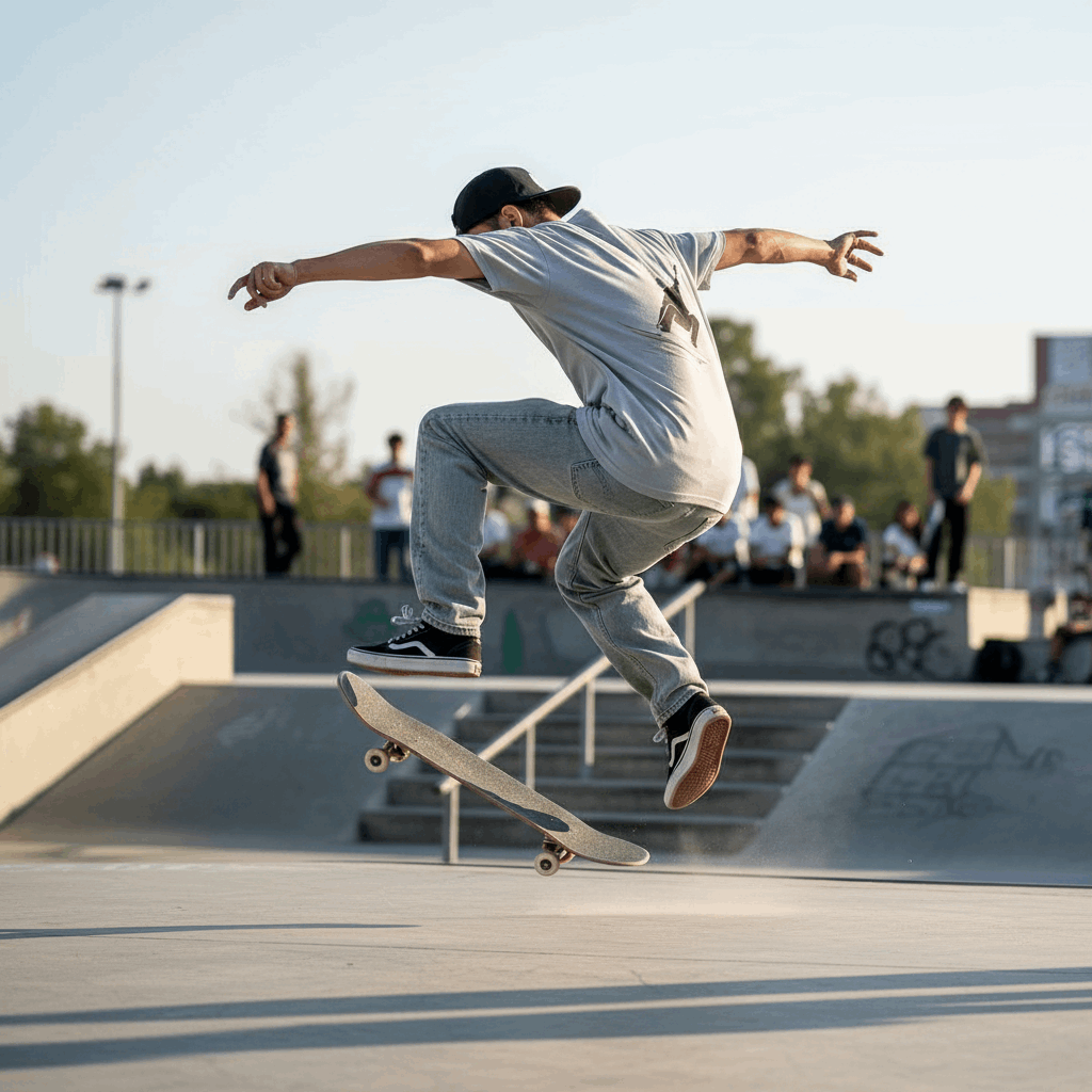 Person skateboarding at a park with a clear sky