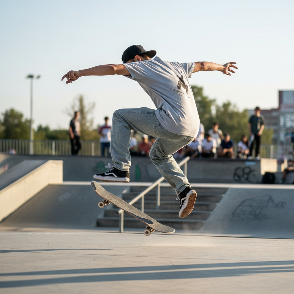 Person skateboarding at a park with a clear sky